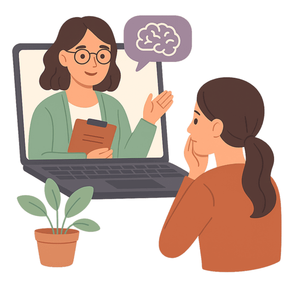 Ilustração de psicóloga atendendo paciente por videoconferência, representando o teleatendimento psicológico com empatia e segurança.