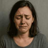 Mulher com expressão de choro e olhos fechados, transmitindo tristeza profunda e vulnerabilidade emocional.