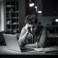 Homem cansado apoiando a cabeça na mão diante de um notebook, em um ambiente escuro, simbolizando procrastinação, desmotivação e bloqueio mental.