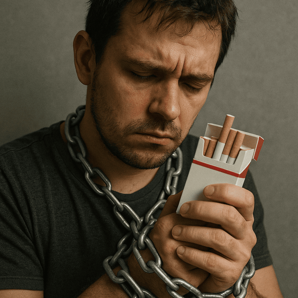 Homem com correntes nos braços segurando um maço de cigarros, simbolizando o aprisionamento e a luta contra os vícios.