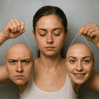 Mulher de olhos fechados segurando duas máscaras com expressões opostas, uma de raiva e outra de alegria, simbolizando bipolaridade e mudanças de humor.
